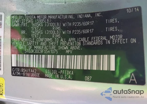 2015 Toyota Sienna L 7 Passenger from USA, damaged, VIN 5TDZK3DC9FS541075